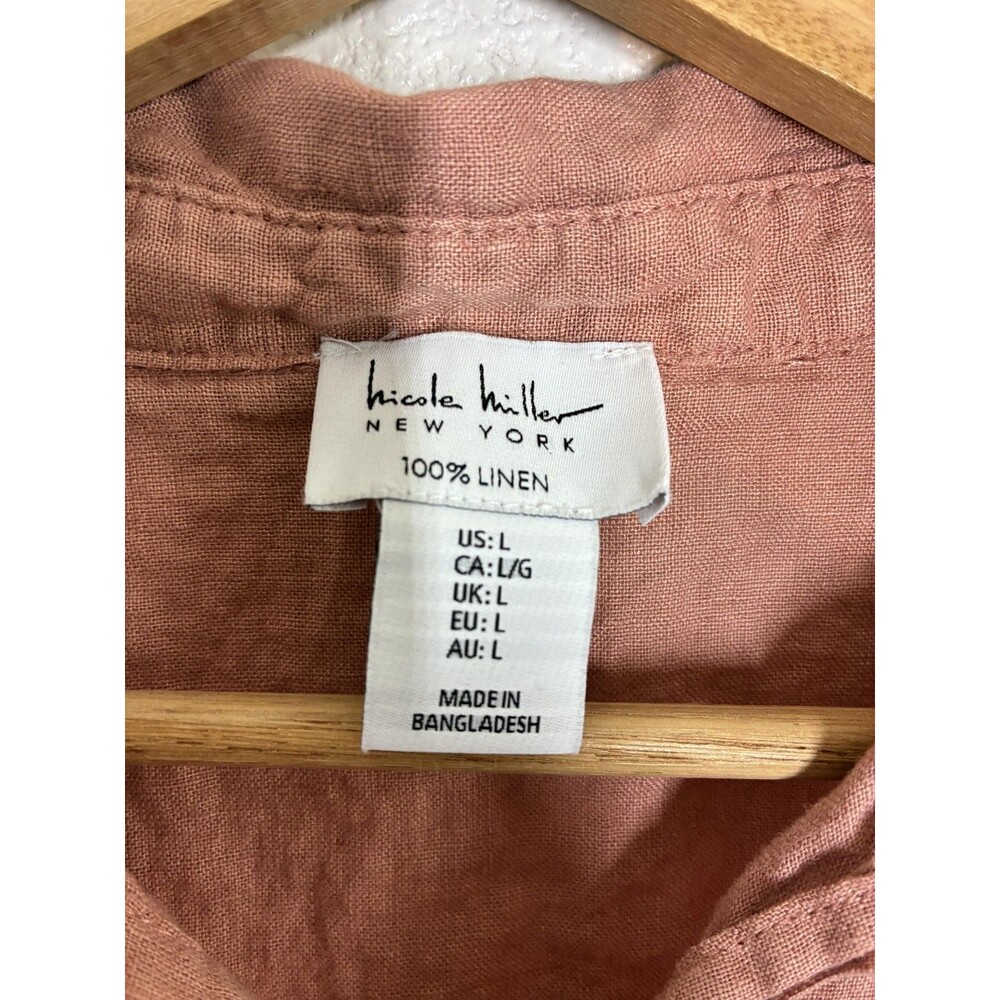 Nicole Miller Shirt Womens Large Pink 100% Linen Short Sleeve Button Up - Picture 9 of 11